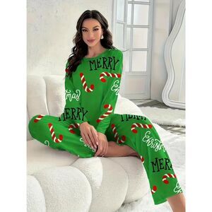NO BRAND CHRISTMAS HOLIDAY MERRY CANDY CANE CASUAL LOUNGE GRAPHIC LONG PJ SET